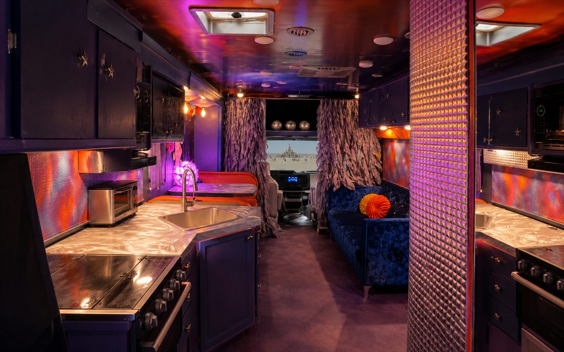 LoveRocket galley and lounge in deep purple and midnight blue