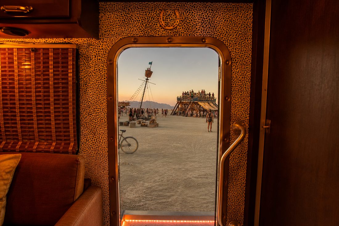 View from the Stiggypop doorway onto the playa at sunset